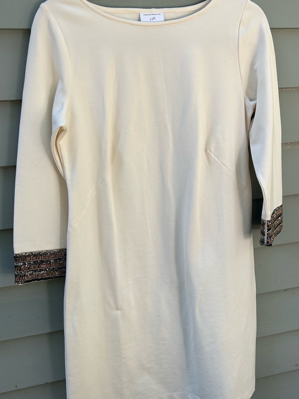 J. Jill Cream Long-Sleeve Shift Dress with Beaded Cuffs